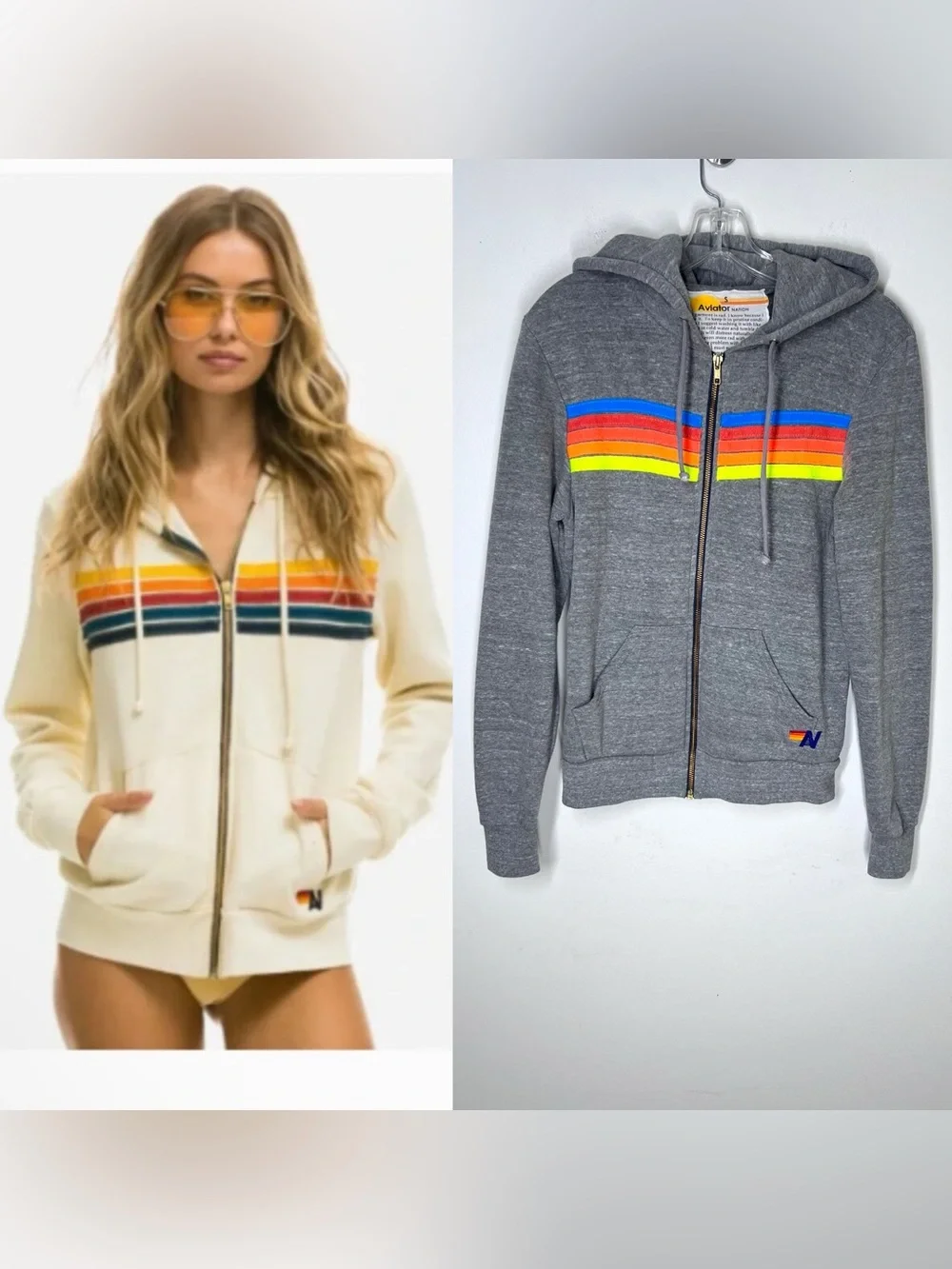 Aviator Nation 5 Stripe Zip Hoodie Neon Gray - Sz S - Picture 1 of 8